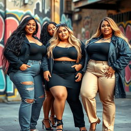 Beautiful and confident plus-size women posing confidently in stylish outfits, showcasing their curves, in a vibrant urban setting