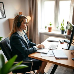 A professional scene showcasing a Russian-speaking HR assistant working remotely in Germany