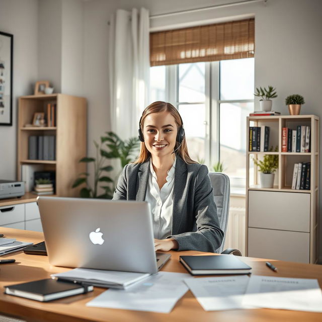 A professional scene showcasing a Russian-speaking HR assistant working remotely in Germany