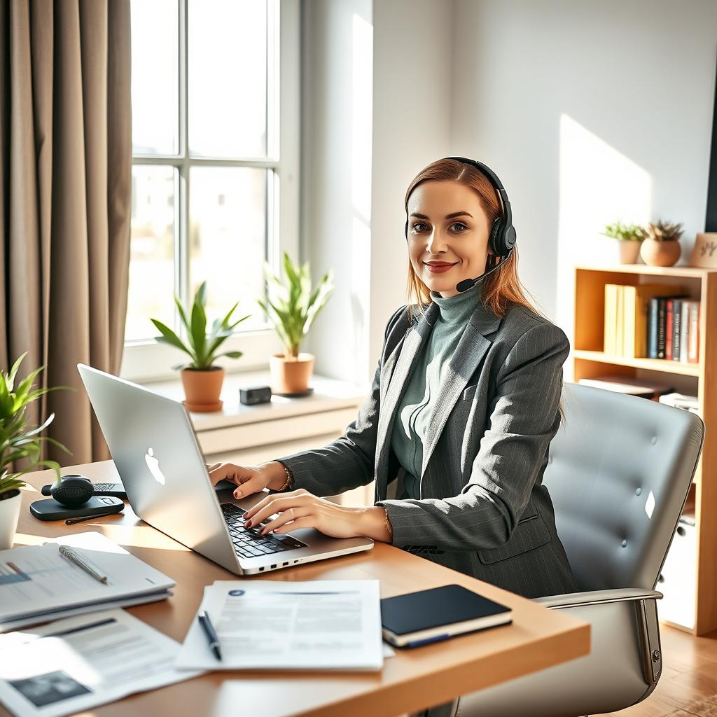 A professional scene showcasing a Russian-speaking HR assistant working remotely in Germany