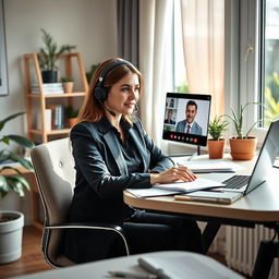 A professional scene showcasing a Russian-speaking HR assistant working remotely in Germany
