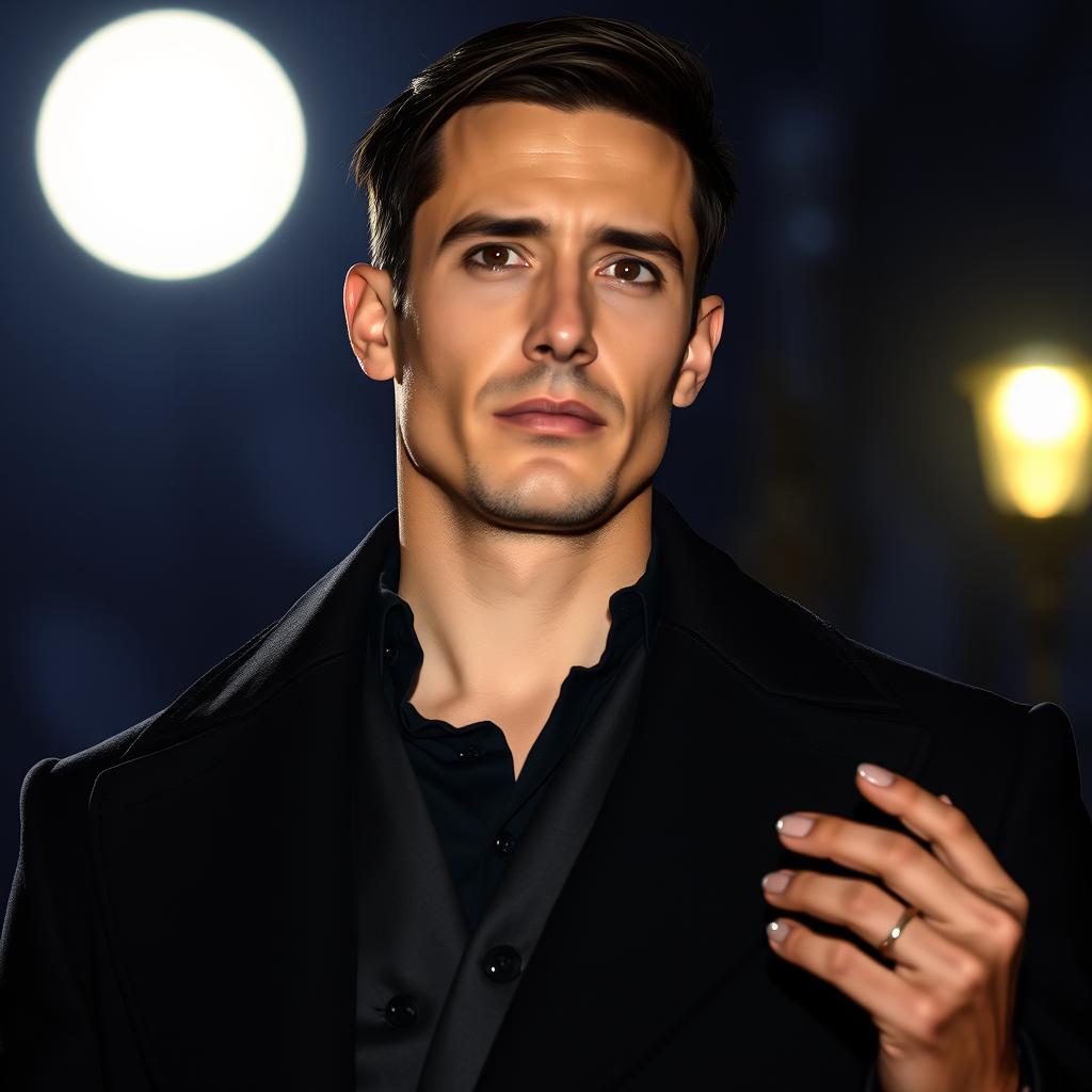 A tall 35-year-old European man with short straight black hair combed to the right side, black eyes, and light skin, standing under the moonlight