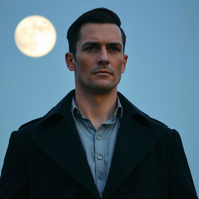 A tall 35-year-old European man with short straight black hair combed to the right side, black eyes, and light skin, standing under the moonlight