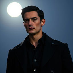 A tall 35-year-old European man with short straight black hair combed to the right side, black eyes, and light skin, standing under the moonlight