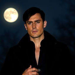 A tall 35-year-old European man with short straight black hair combed to the right side, black eyes, and light skin, standing under the moonlight