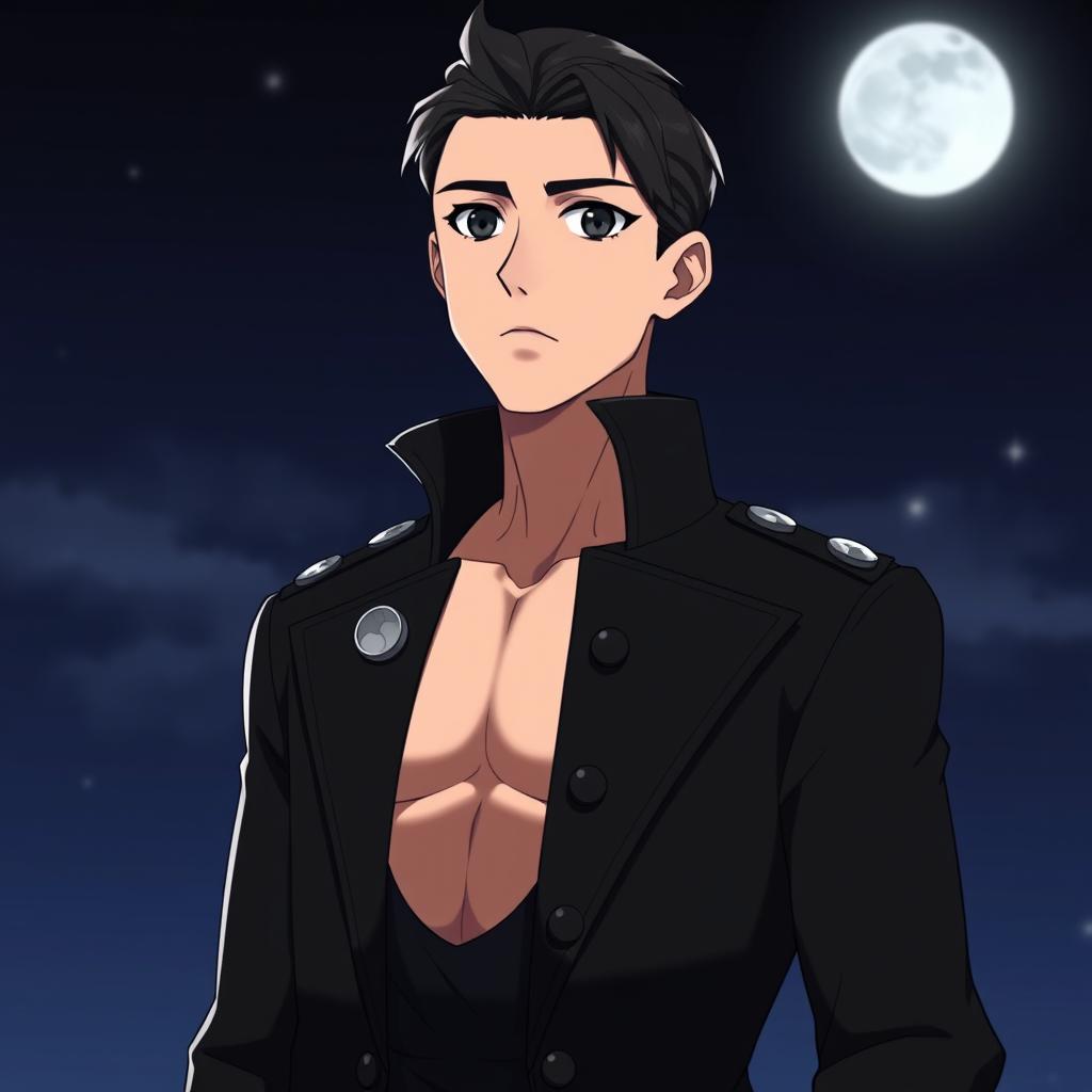 An animated tall 25-year-old European man with short straight black hair combed to the right side, black eyes, and light skin, standing under the silver moonlight