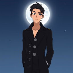 An animated tall 25-year-old European man with short straight black hair combed to the right side, black eyes, and light skin, standing under the silver moonlight