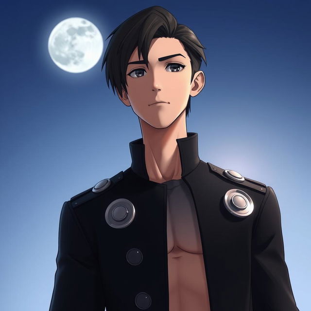 An animated tall 25-year-old European man with short straight black hair combed to the right side, black eyes, and light skin, standing under the silver moonlight