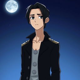 An animated tall 25-year-old European man with short straight black hair combed to the right side, black eyes, and light skin, standing under the silver moonlight
