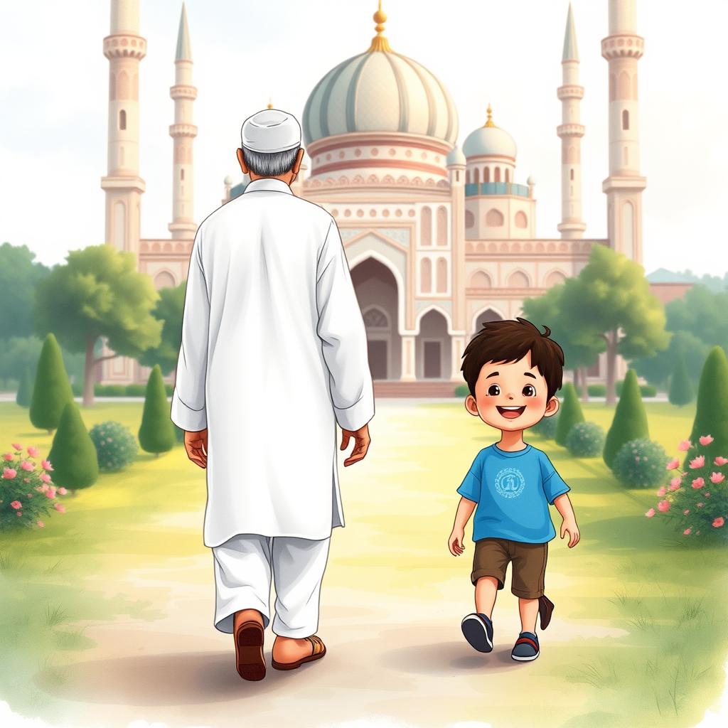 A heartwarming scene depicting a Muslim grandfather in a traditional white shalwar qameez walking towards a mosque, accompanied by a cheerful young Muslim boy wearing a bright blue shirt