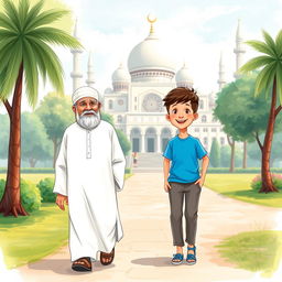 A heartwarming scene depicting a Muslim grandfather in a traditional white shalwar qameez walking towards a mosque, accompanied by a cheerful young Muslim boy wearing a bright blue shirt