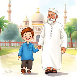 A heartwarming scene depicting a Muslim grandfather in a traditional white shalwar qameez walking towards a mosque, accompanied by a cheerful young Muslim boy wearing a bright blue shirt