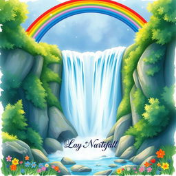 A vibrant rainbow arching gracefully over a majestic waterfall, surrounded by lush green forests and colorful flowers at the base of the falls