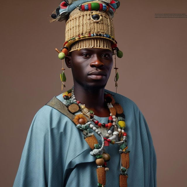 An adult male dressed in traditional Yoruba attire from Nigeria. The design details are inspired by the cultural elements depicted in the provided link.