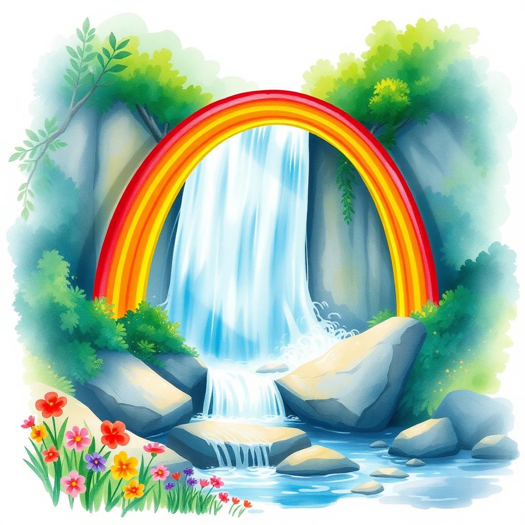 A vibrant rainbow arching gracefully over a majestic waterfall, surrounded by lush green forests and colorful flowers at the base of the falls