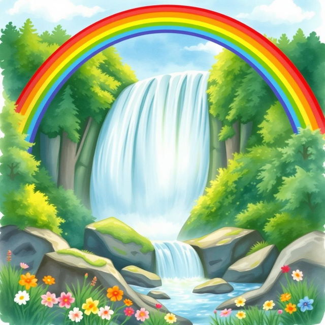 A vibrant rainbow arching gracefully over a majestic waterfall, surrounded by lush green forests and colorful flowers at the base of the falls