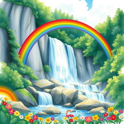A vibrant rainbow arching gracefully over a majestic waterfall, surrounded by lush green forests and colorful flowers at the base of the falls