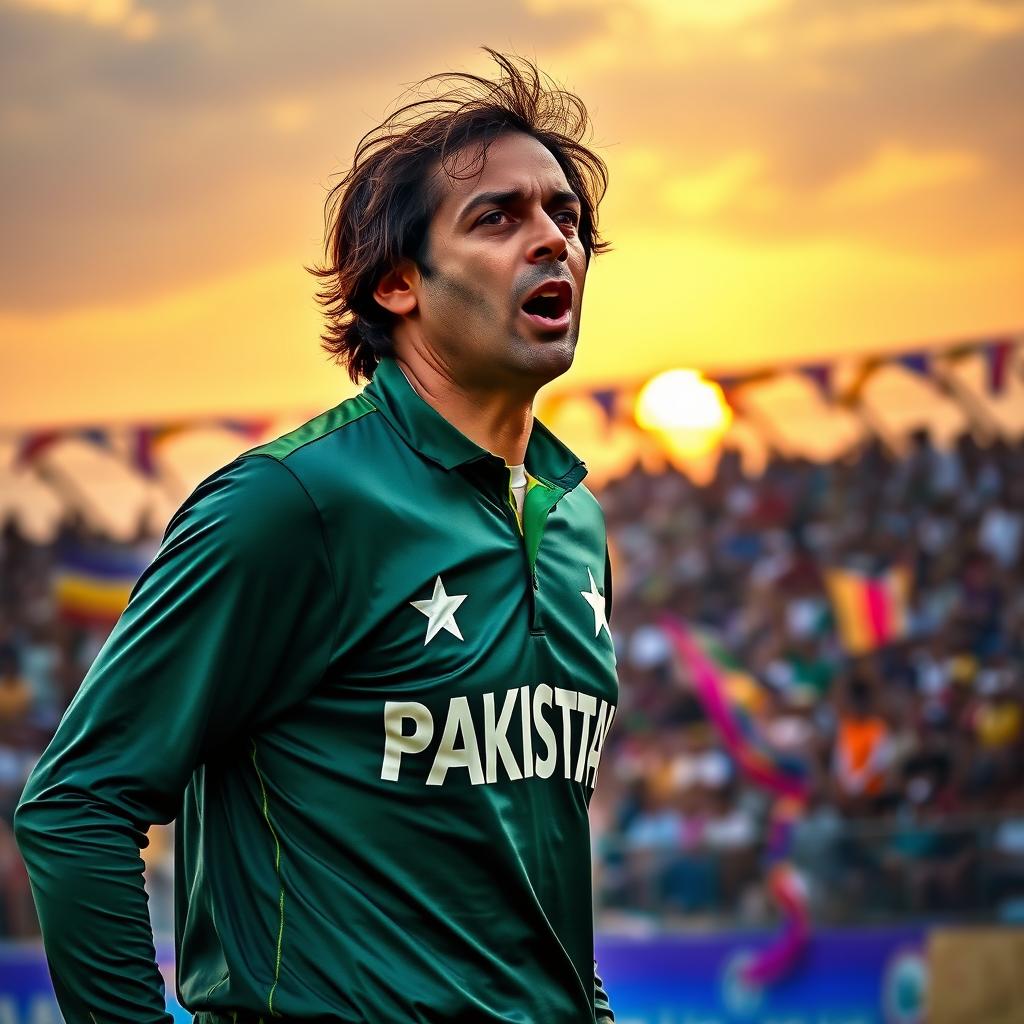 A portrait of Shoaib Akhtar, the famous Pakistani cricketer, captured during a dynamic moment on the cricket field, showcasing his intense focus and athletic build