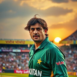 A portrait of Shoaib Akhtar, the famous Pakistani cricketer, captured during a dynamic moment on the cricket field, showcasing his intense focus and athletic build