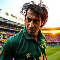 A portrait of Shoaib Akhtar, the famous Pakistani cricketer, captured during a dynamic moment on the cricket field, showcasing his intense focus and athletic build