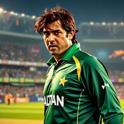 A portrait of Shoaib Akhtar, the famous Pakistani cricketer, captured during a dynamic moment on the cricket field, showcasing his intense focus and athletic build