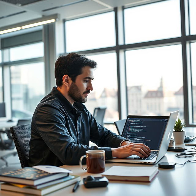 A professional and focused man in his late 30s, sitting at a modern desk in a well-lit office in Germany, engrossed in coding on his laptop