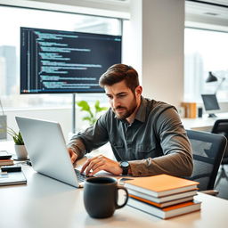 A professional and focused man in his late 30s, sitting at a modern desk in a well-lit office in Germany, engrossed in coding on his laptop