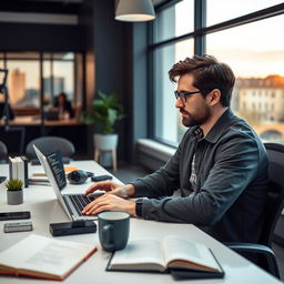 A professional and focused man in his late 30s, sitting at a modern desk in a well-lit office in Germany, engrossed in coding on his laptop