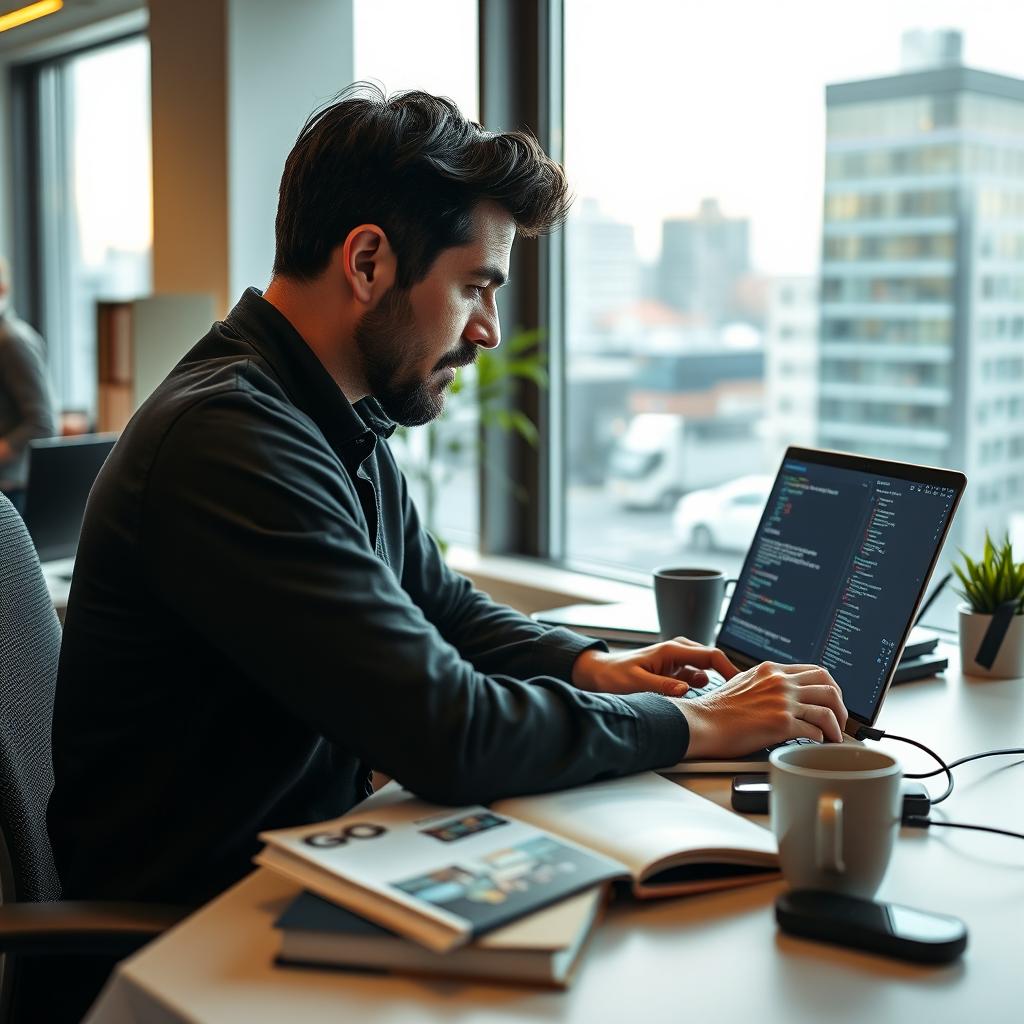 A professional and focused man in his late 30s, sitting at a modern desk in a well-lit office in Germany, engrossed in coding on his laptop