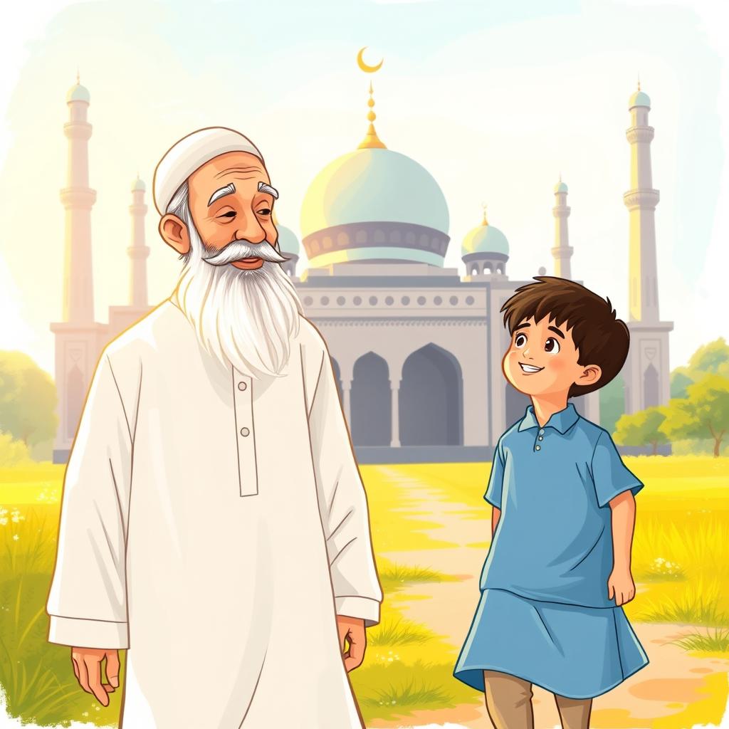 A heartwarming scene of a Muslim grandfather wearing a traditional white shalwar qameez walking towards a mosque alongside a young Muslim boy wearing a blue shirt