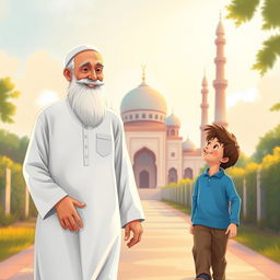 A heartwarming scene of a Muslim grandfather wearing a traditional white shalwar qameez walking towards a mosque alongside a young Muslim boy wearing a blue shirt
