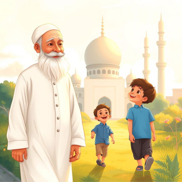 A heartwarming scene of a Muslim grandfather wearing a traditional white shalwar qameez walking towards a mosque alongside a young Muslim boy wearing a blue shirt