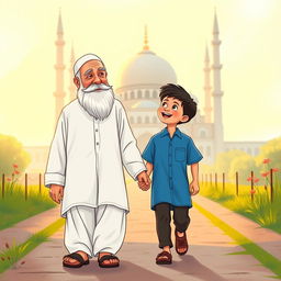 A heartwarming scene of a Muslim grandfather wearing a traditional white shalwar qameez walking towards a mosque alongside a young Muslim boy wearing a blue shirt