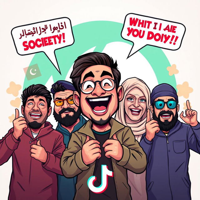 Create a bold and striking TikTok thumbnail showcasing famous Pakistani vloggers, including a cartoonish caricature of Ducky Bhai