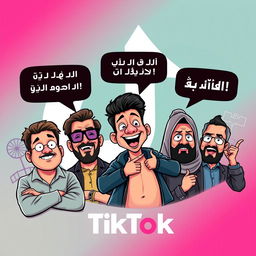 Create a bold and striking TikTok thumbnail showcasing famous Pakistani vloggers, including a cartoonish caricature of Ducky Bhai