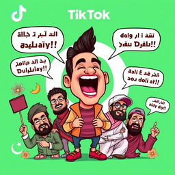 Create a bold and striking TikTok thumbnail showcasing famous Pakistani vloggers, including a cartoonish caricature of Ducky Bhai