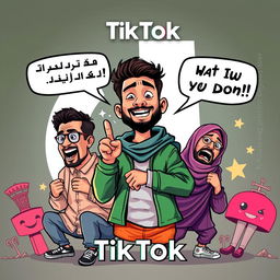 Create a bold and striking TikTok thumbnail showcasing famous Pakistani vloggers, including a cartoonish caricature of Ducky Bhai