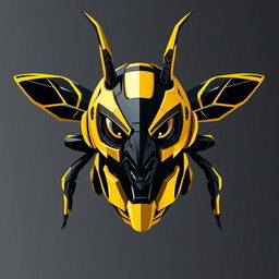 A robotic bee designed in the style of a human with fierce, piercing eyes and sharp, intimidating horns
