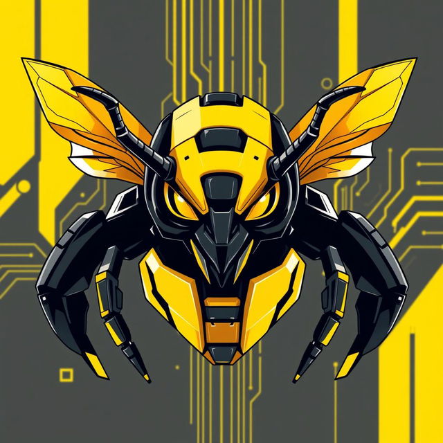 A robotic bee designed in the style of a human with fierce, piercing eyes and sharp, intimidating horns