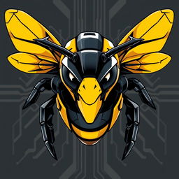 A robotic bee designed in the style of a human with fierce, piercing eyes and sharp, intimidating horns