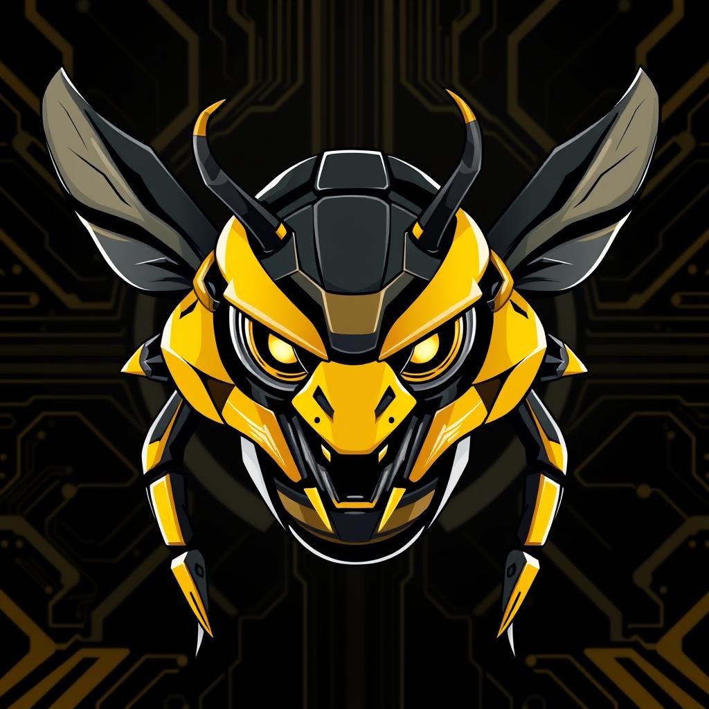 A robotic bee designed in the style of a human with fierce, piercing eyes and sharp, intimidating horns