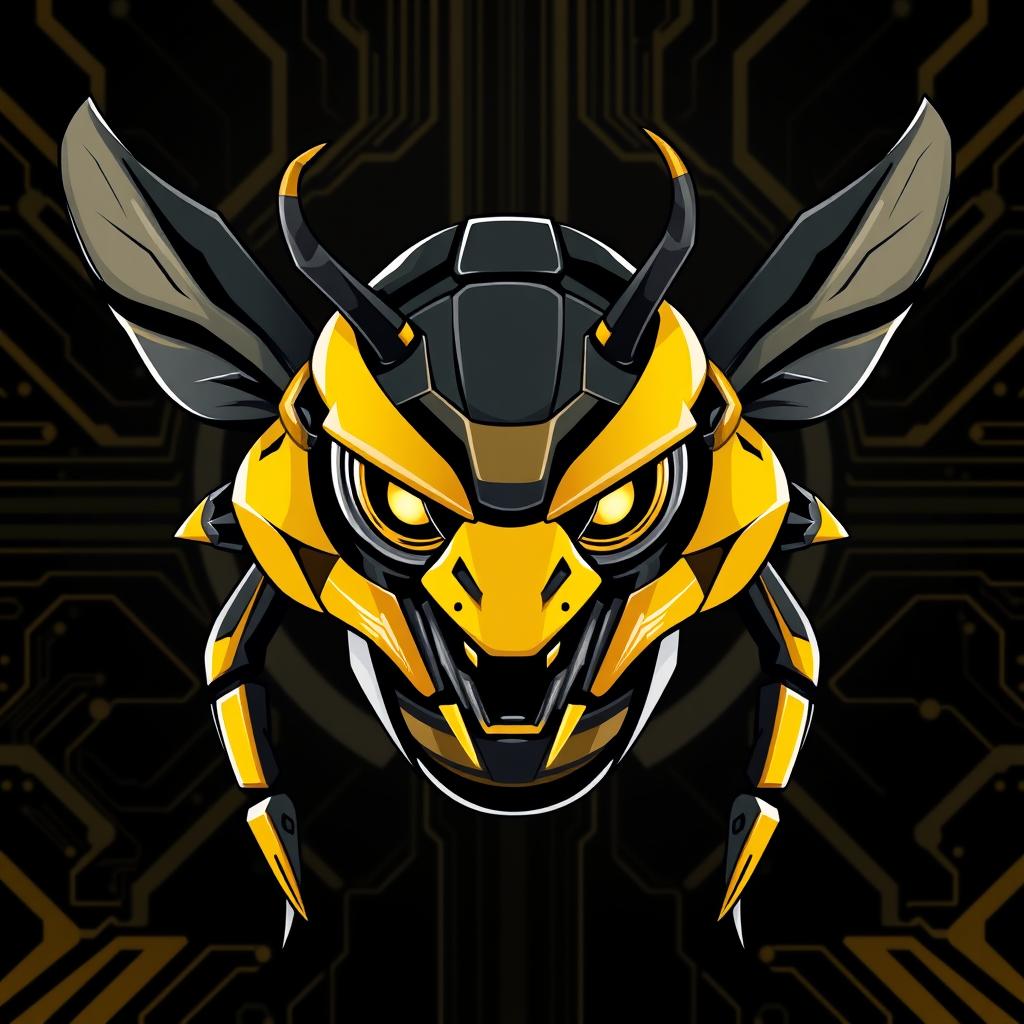 A robotic bee designed in the style of a human with fierce, piercing eyes and sharp, intimidating horns