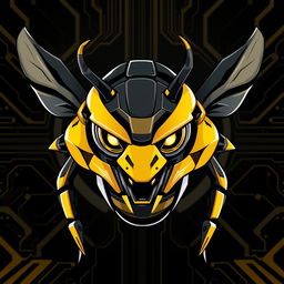 A robotic bee designed in the style of a human with fierce, piercing eyes and sharp, intimidating horns