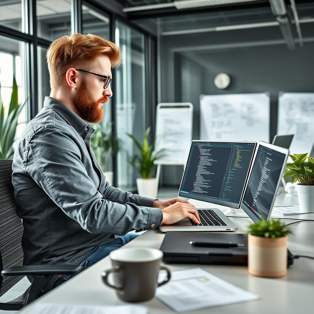 A Russian senior programmer working intensively on a laptop in a modern office environment in Germany