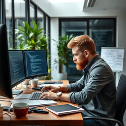 A Russian senior programmer working intensively on a laptop in a modern office environment in Germany
