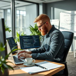A Russian senior programmer working intensively on a laptop in a modern office environment in Germany