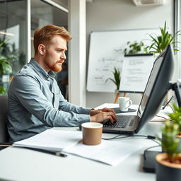 A Russian senior programmer working intensively on a laptop in a modern office environment in Germany