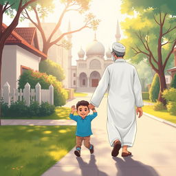 A heartwarming scene depicting a Muslim grandfather wearing a white shalwar qameez, walking hand in hand with a young Muslim boy dressed in a blue shirt