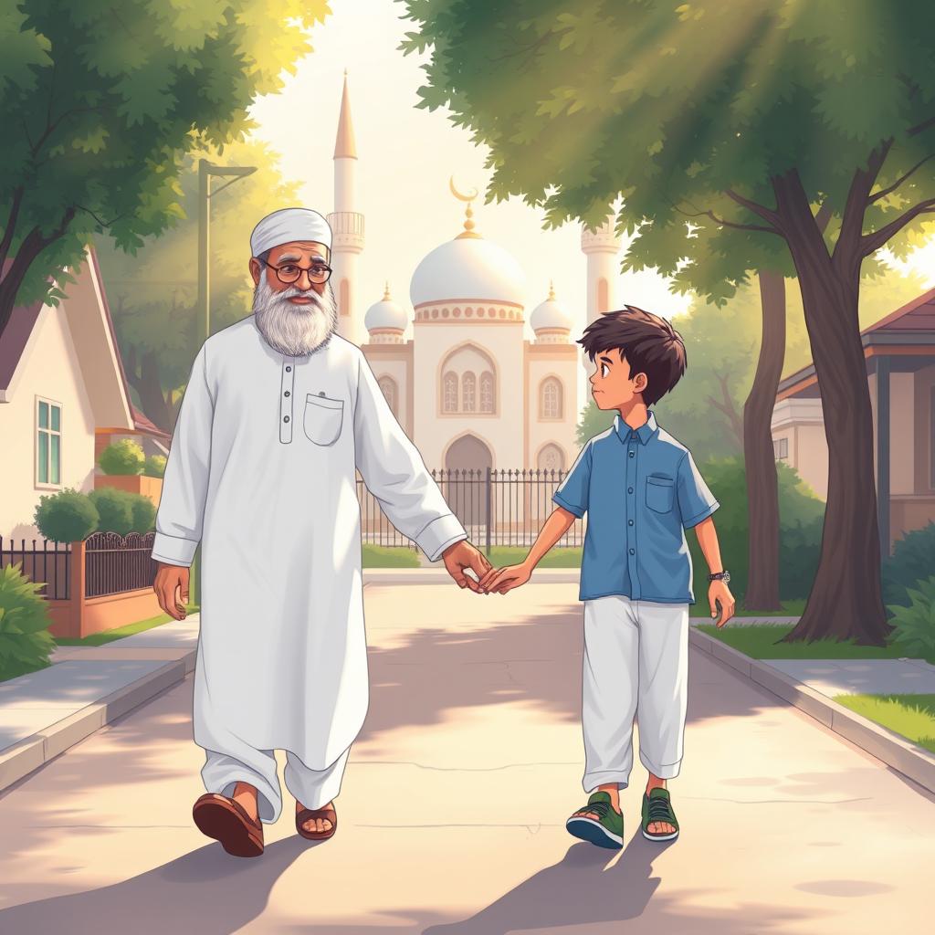 A heartwarming scene depicting a Muslim grandfather wearing a white shalwar qameez, walking hand in hand with a young Muslim boy dressed in a blue shirt