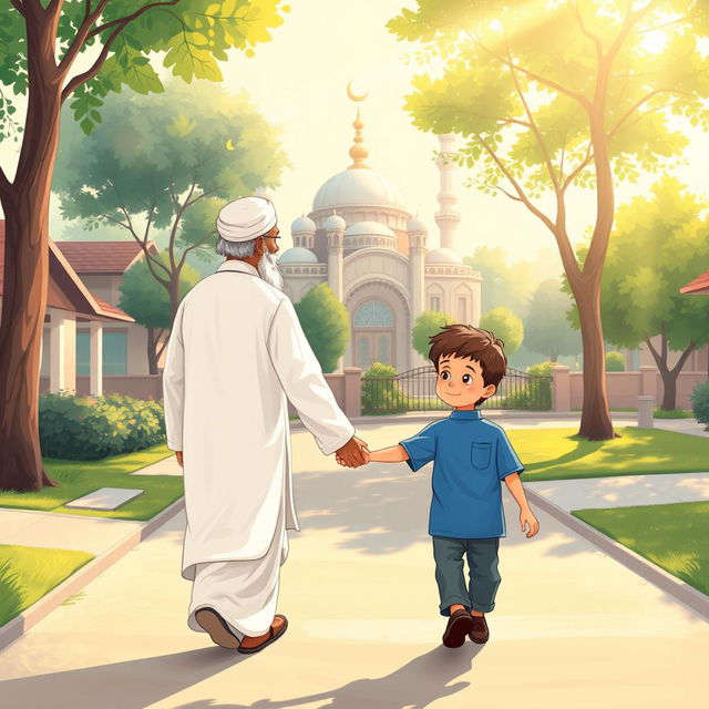 A heartwarming scene depicting a Muslim grandfather wearing a white shalwar qameez, walking hand in hand with a young Muslim boy dressed in a blue shirt